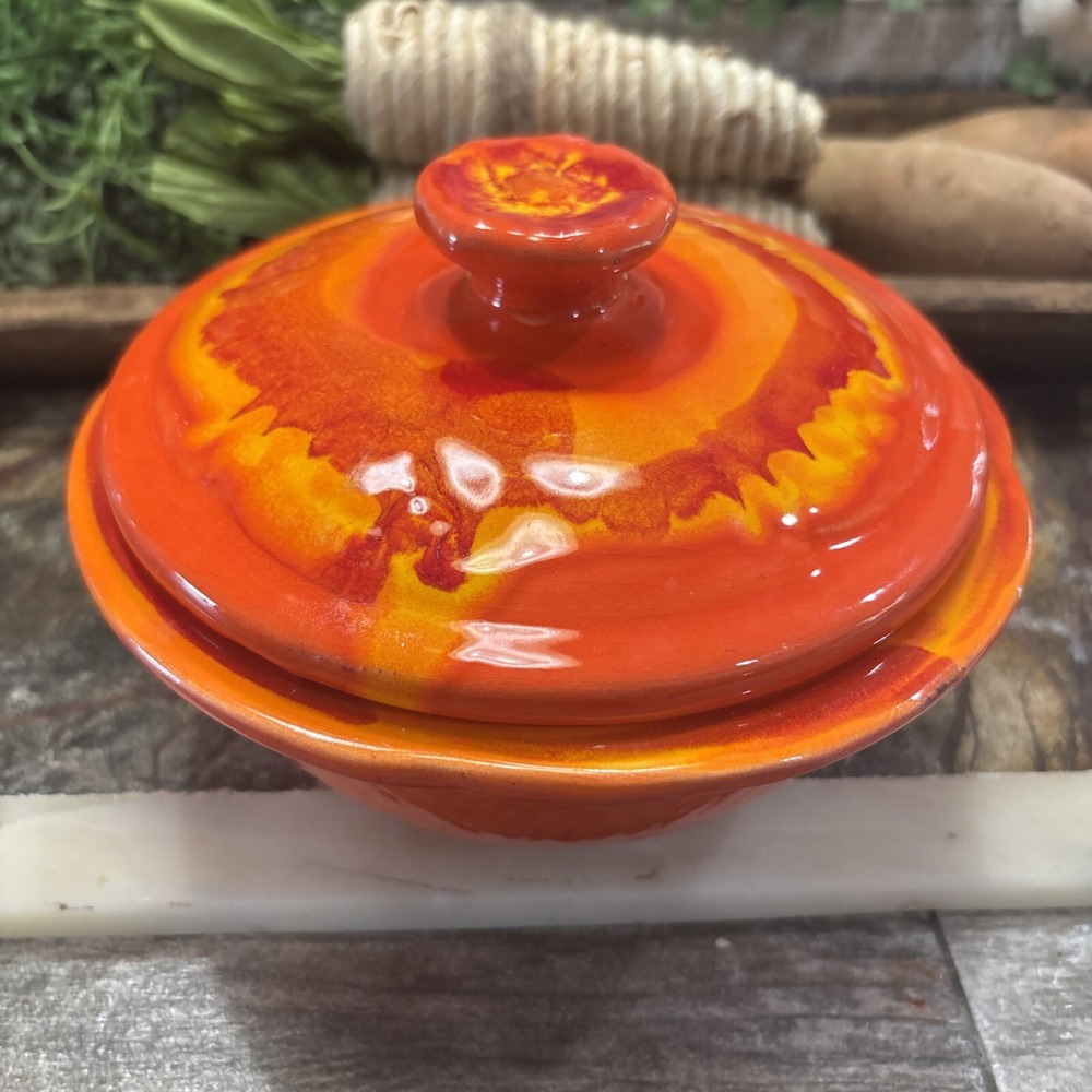 Vintage Maurice of California Covered Casserole Dish Orange Drip Glaze 7"